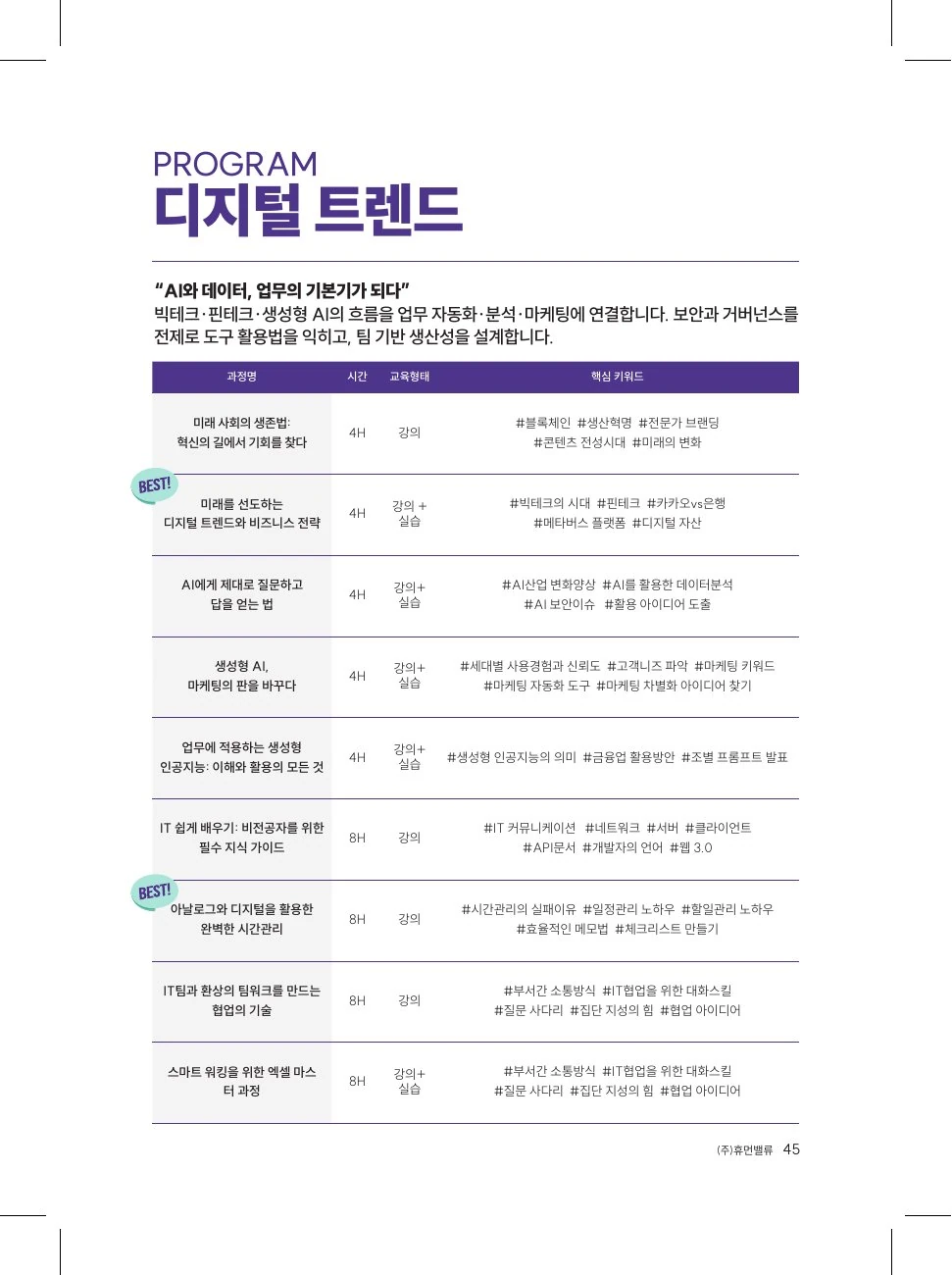 2026 콘텐츠 가이드북 45쪽 교육 프로그램 지면